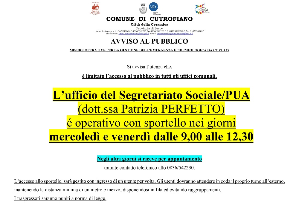 ORARIO DI APERTURA AL PUBBLICO DELL'UFFICIO DEL SEGRETARIATO SOCIALE/PUA