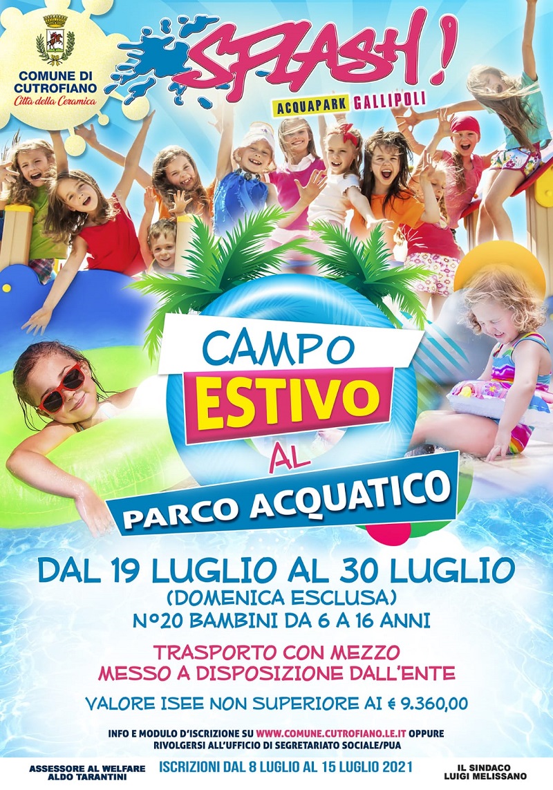 AVVISO PUBBLICO RIVOLTO ALLE FAMIGLIE CON FIGLI DI ETA’ COMPRESA TRA I 6 E I 16 ANNI PER LA FREQUENZA DI UN CAMPUS ESTIVO PRESSO “SPLASH ACQUAPARK” DI GALLIPOLI