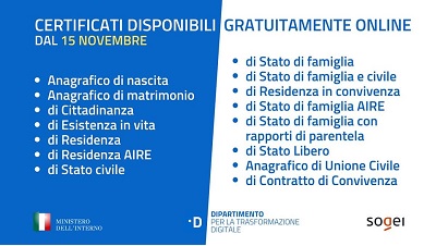 DA OGGI I CERTIFICATI ANAGRAFICI SI POSSONO SCARICARE ON LINE