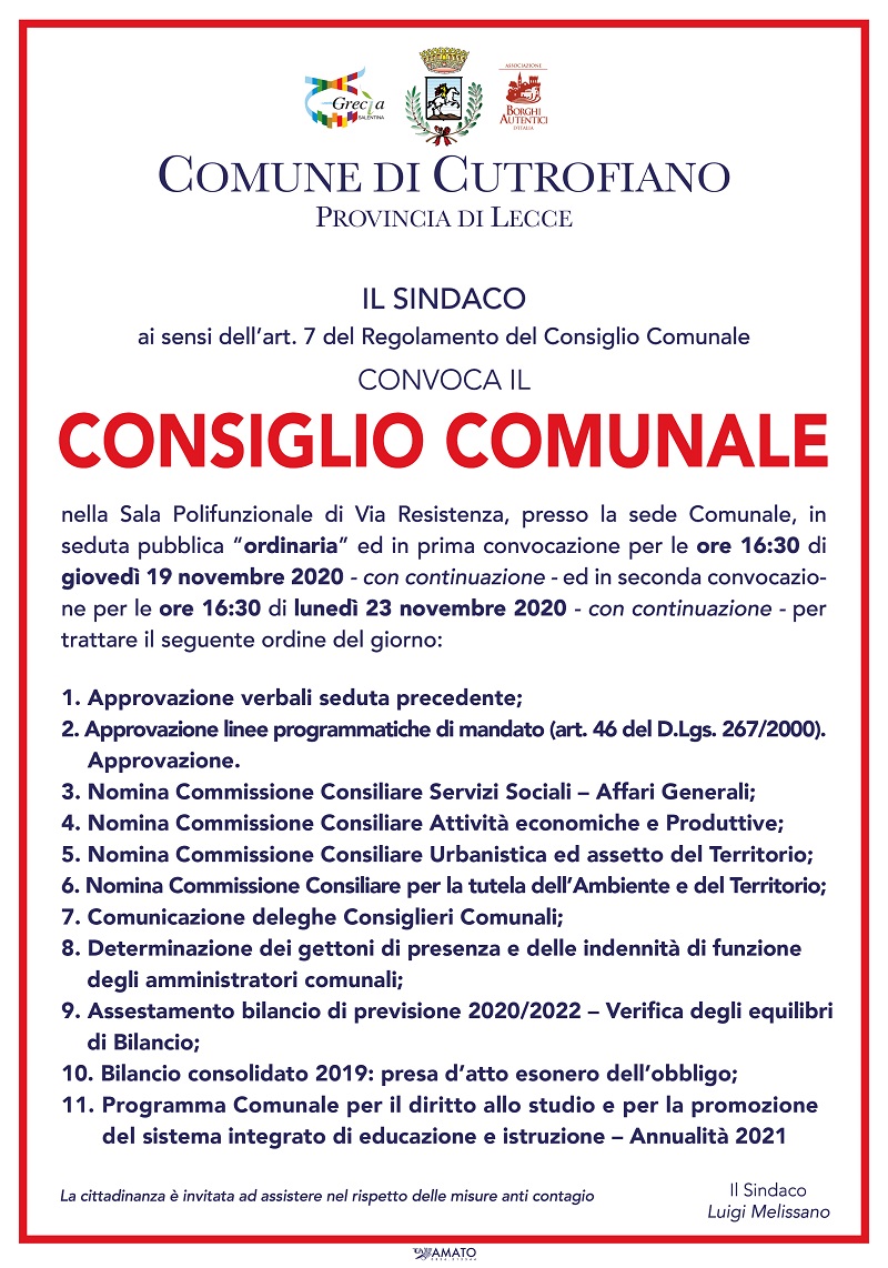 CONVOCATO IL CONSIGLIO COMUNALE IN 1^ CONVOCAZIONE IL 19 NOVEMBRE 2020 ED IN 2^ CONVOCAZIONE IL 23 NOVEMBRE 2020