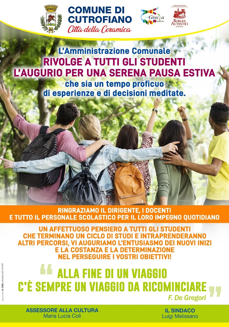 GLI AUGURI DELL'AMMINISTRAZIONE COMUNALE A TUTTI GLI STUDENTI PER UNA SERENA PAUSA ESTIVA