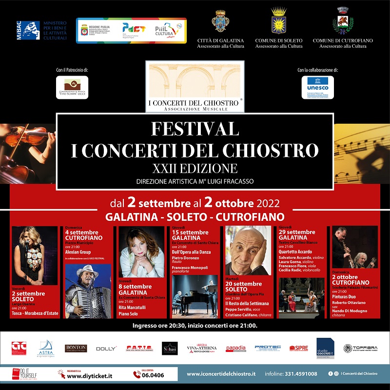 IL FESTIVAL I CONCERTI DEL CHIOSTRO (XXII EDIZIONE) A GALATINA, SOLETO E CUTROFIANO DAL 02 SETTEMBRE AL 02 OTTOBRE 2022