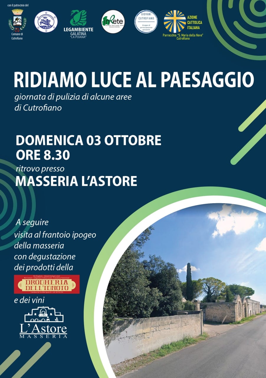 DOMENICA 03 OTTOBRE 2021, A PARTIRE DALLE ORE 08.30, "RIDIAMO LUCE AL PAESAGGIO" IN OCCASIONE PER LA GIORNATA DI PULIZIA DI ALCUNE AREE DEL TERRITORIO