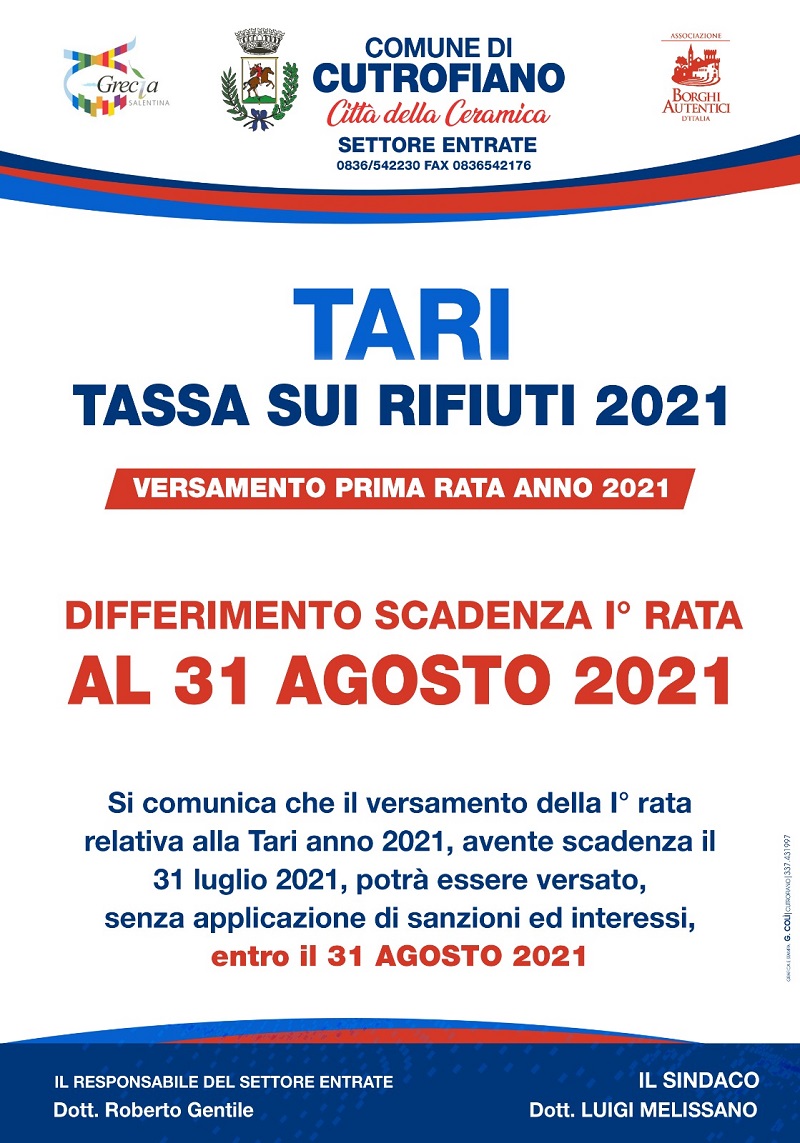 TASSA SUI RIFIUTI 2021 - DIFFERIMENTO AL 31 AGOSTO 2021 DELLA SCADENZA DELLA PRIMA RATA