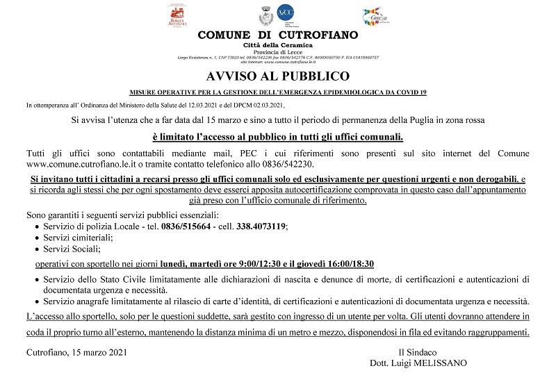 ACCESSO LIMITATO AGLI UFFICI COMUNALI