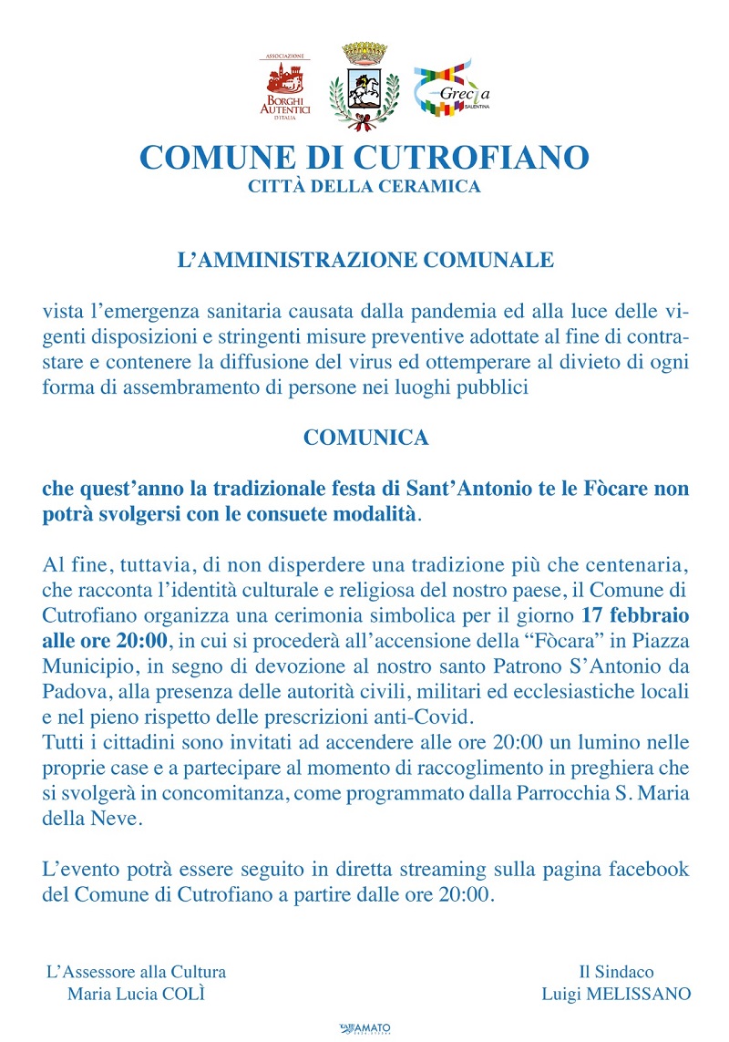 MERCOLEDI’ 17 FEBBRAIO 2021 A PARTIRE DALLE ORE 20:00 DIRETTA STREAMING DELLA FOCARA PER IL SANTO PATRONO SANT'ANTONIO DA PADOVA